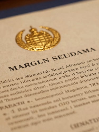 Dignified editorial close-up of a classic Indonesian legal charter, warm lighting on aged paper, gold seal, deep navy shadows.