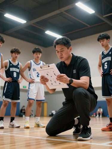Low-angle action shot of a basketball coach drawing a tactical play on a clipboard, surrounded by focused youth players in a high-contrast indoor gym under sharp overhead lights.