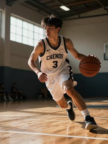 Low-angle action shot of a young basketball player executing a sharp crossover dribble on a polished hardwood court, dramatic side light from high gym windows