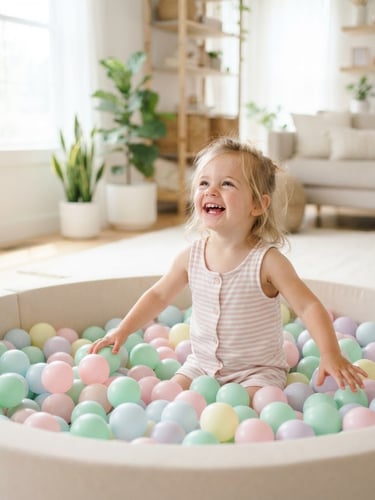 Bright, sunlit living room with a pristine pastel soft-play setup, a child happily playing in a ball pit, high-key photography, soft natural daylight, shallow depth of field