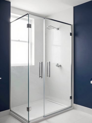 Sleek modern bathroom with a bright walk-in shower, glass enclosure, elegant safety grab bars integrated into white tile walls, natural window light