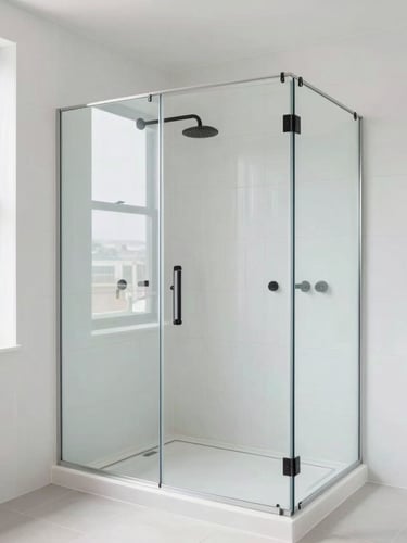 Bright modern bathroom featuring a newly completed walk-in shower with a sleek glass enclosure, crisp white tile work, elegant matte black fixtures, and a low-profile slip-resistant entry threshold, captured in bright natural daylight.