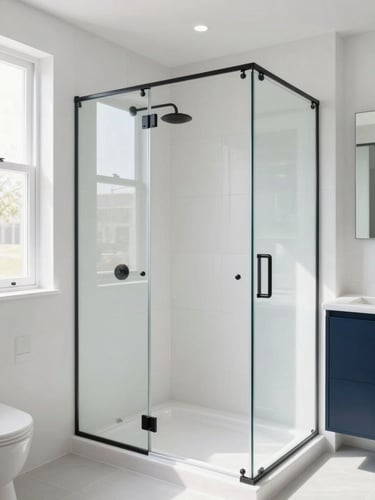 Bright modern bathroom with a newly completed tub-to-shower conversion, white tiling, matte black fixtures, glass door, natural sunlight