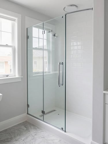 Bright, immaculate bathroom showing a newly remodeled walk-in shower with a sleek glass enclosure, elegant chrome grab bar, and white subway tiles. Natural daylight floods from a side window, emphasizing the clean, slip-resistant floor.