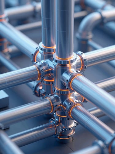 Macro close-up of complex digital pipe and HVAC duct intersections in a native BIM coordination software, cool crisp lighting