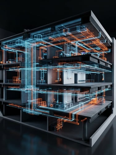 Technical BIM model 3D render showing complex MEP coordination with blue and orange neon wireframes, high-contrast studio lighting, architectural cross-section