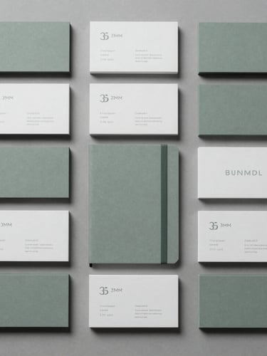 Top-down flat lay of coordinated brand collateral including business cards and a notebook, arranged in a precise 90-degree grid, soft overcast daylight, muted slate and sage tones, 35mm