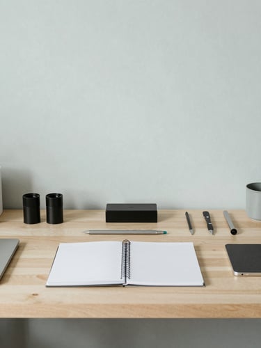A quiet, highly structured workspace in Spanish Fork, Utah. Soft diffused daylight illuminates a clean wooden desk with aligned design tools and a notebook, 35mm