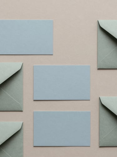 Minimalist top-down flat lay of coordinated brand collateral, soft slate blue business cards aligned with muted sage green envelopes on a warm taupe surface, diffused overcast daylight