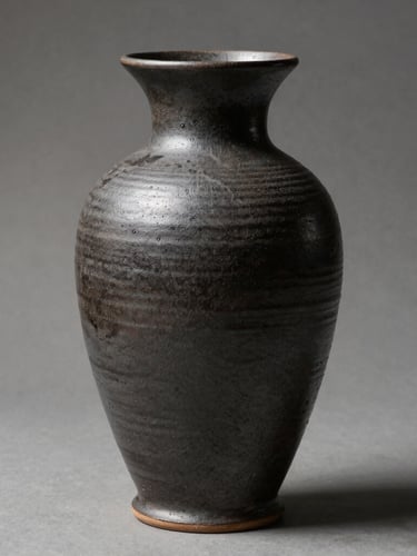 A tall, hand-coiled ceramic vessel with a raw, textured charcoal glaze, shot in profile against a soft neutral background with dramatic side-lighting