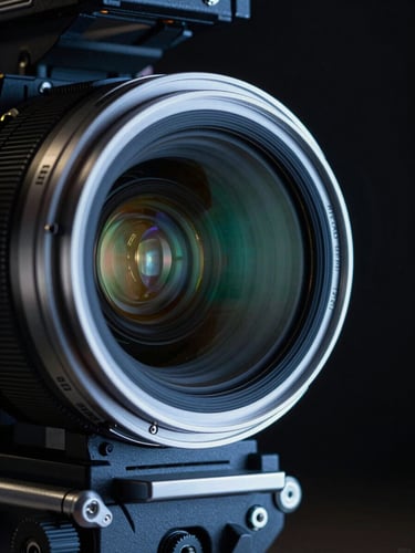 Cinematic close-up of an ARRI camera sensor in a dark, low-key studio setting, cool steel-blue key light reflecting off the glass, sharp technical lines.