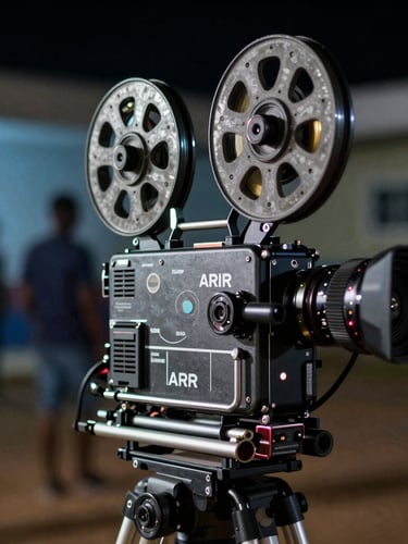 Vue rapprochée d'une caméra de cinéma ARRI sur un plateau de tournage nocturne à Cotonou, lumières bleues froides en arrière-plan, atmosphère hautement technique.