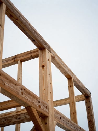 Low-angle architectural photograph of exposed heavy Douglas fir timber framing against a crisp overcast Canadian winter sky, sharp contrast, 35mm