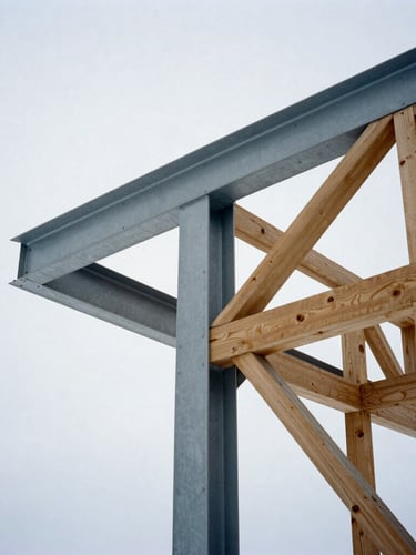 Low-angle architectural photograph of exposed structural steel beams and heavy timber framing under a crisp, overcast Canadian winter sky, sharp contrast, 35mm