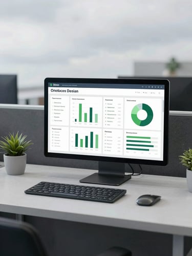 Overhead environmental desk layout with analytical dashboards, soft overcast British daylight, muted navy and forest green tones, 35mm