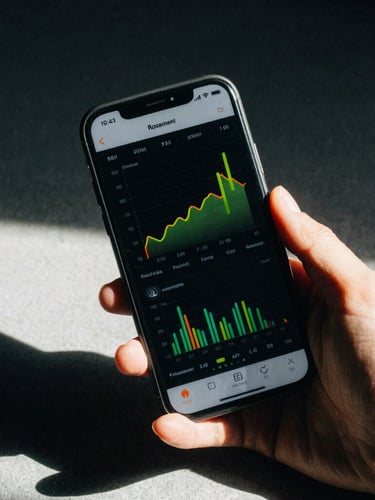 Close-up of a hand holding a smartphone displaying real-time audience engagement graphs, harsh studio lighting, deep shadows, 35mm film grain