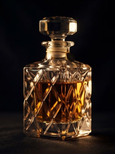 Dramatic macro shot of a heavy crystal perfume bottle reflecting warm champagne gold light, deep chiaroscuro shadows, obsidian background