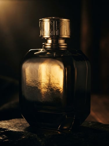 Macro cinematic photography of a heavy black perfume glass bottle reflecting warm golden light, dark chiaroscuro studio background with soft rim lighting.