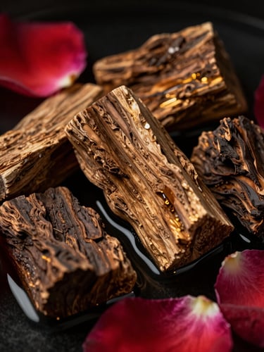 Macro close-up of raw agarwood blocks and fresh rose petals submerged in water, soft studio reflections, golden-hour rim lighting