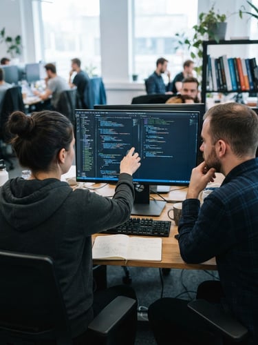 Over-the-shoulder perspective of two engineers reviewing code on a monitor, cool natural office light, subtle blue screen glow, sharp focus, 35mm lens