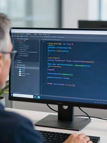 Over-the-shoulder perspective of a senior engineer reviewing clean code on a monitor with subtle blue screen glow, crisp technical editorial style, 35mm lens
