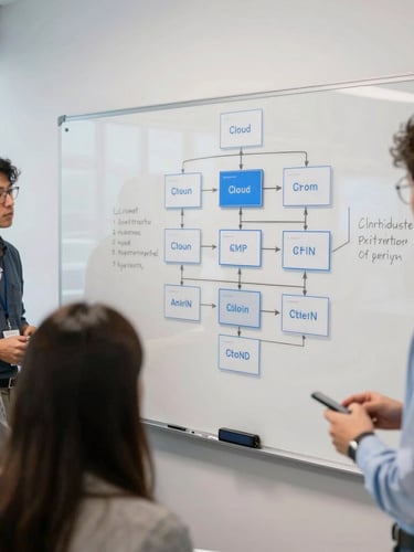 Collaborative whiteboarding session in a cool-lit office space, diverse engineers mapping out cloud infrastructure, crisp editorial tech photography