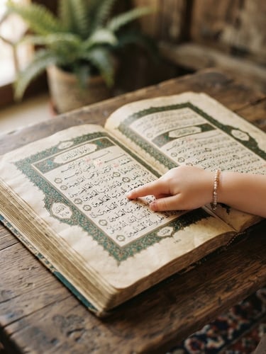 An open Quran with aged pages, illuminated by soft morning window light, a child's hand gently tracing Arabic script on the left page. Shallow depth of field.