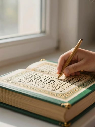 Medium close-up of a child's hands gently tracing Arabic script in a beautifully bound Quran, warm morning light from a window, bright home setting, deep forest green and gold accents, shallow depth of field.