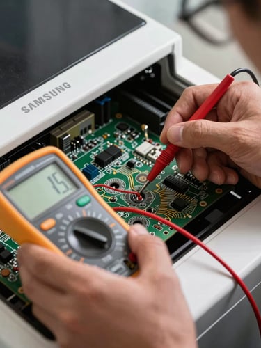 Close-up of a professional technician using a digital multimeter to test an electronic circuit board inside a Samsung appliance.