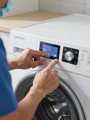Primer plano de las manos de un técnico con uniforme azul ajustando el panel digital inverter de una lavadora Samsung, luz natural brillante.
