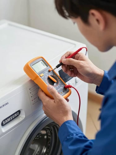 Close-up of a professional technician's hands in a clean blue uniform diagnosing a Samsung washing machine control panel with a digital multimeter, bright natural lighting, sharp focus on the electronic components.