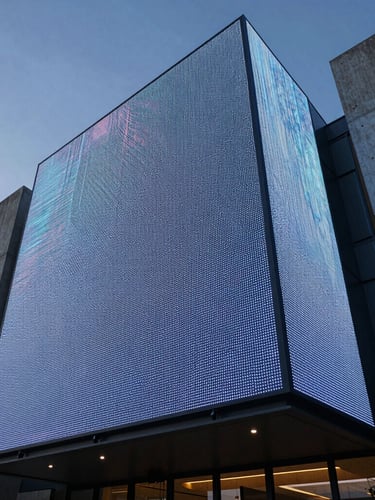 Low-angle architectural shot of a massive LED display integrated into a modern concrete lobby, dusk lighting highlighting screen luminosity, sharp hardware edges.