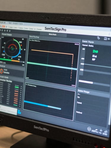 Close-up macro shot of a rugged system control monitor displaying the SemTecSign Pro interface, sharp UI lines, diagnostic telemetry grids, cool blue and gray tones.