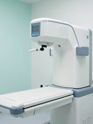 Medium shot of a modern, clean digital X-ray machine in a bright clinical room with soft teal accents, daylight