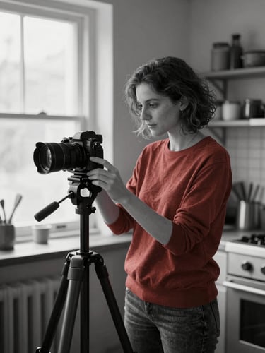 Black and white editorial portrait of a female creative director adjusting a camera on a tripod in a rustic kitchen studio, soft window light, authentic