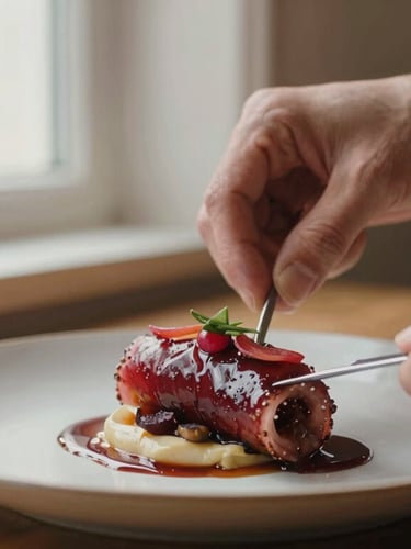 Close-up of hands preparing a gourmet dish in a cozy Scandinavian restaurant, warm window light, soft textures, 35mm photography