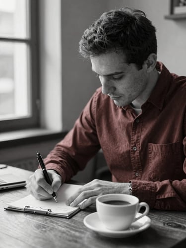 Black and white editorial portrait of a male strategist writing on a wooden table with a coffee cup nearby, natural light, focused
