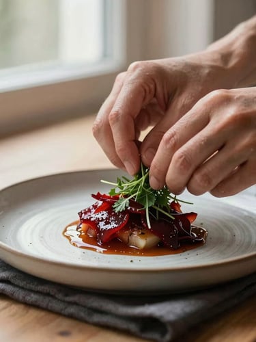Close-up of hands delicately placing a fresh herb on a beautifully plated modern dish, rich textures of ceramic plate and dark linen napkin, soft diffused side daylight, shallow depth of field, 35mm photography.