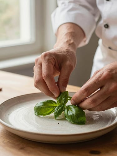 Close-up of chef's hands carefully placing a fresh basil leaf on a handmade ceramic plate, soft morning light from a side window, warm tones, 35mm photography