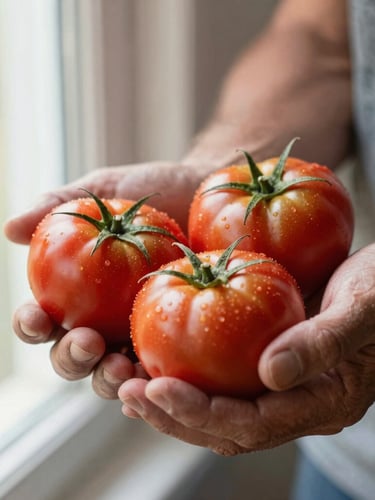 Close-up of farmer's weathered hands holding freshly harvested heirloom tomatoes, soft natural morning light, shallow depth of field, warm editorial style