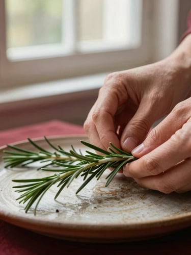 Close-up of hands carefully placing a fresh rosemary sprig on a rustic ceramic plate, soft natural window light, deep crimson accents, shallow depth of field, 35mm editorial food photography