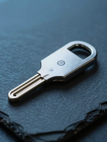 Macro shot of secure hardware security keys on a dark slate surface, high-contrast studio lighting, cool blue and teal tones, sharp focus, 35mm