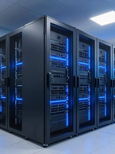 Sleek corporate technology photography, wide shot of a modern secure server facility with cool blue LED lighting, sharp focus, high-contrast architectural lighting, 35mm