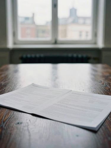 Editorial corporate photograph of high-end physical financial reports resting on a dark oak boardroom table, soft overcast daylight, desaturated cool tones, 35mm film.