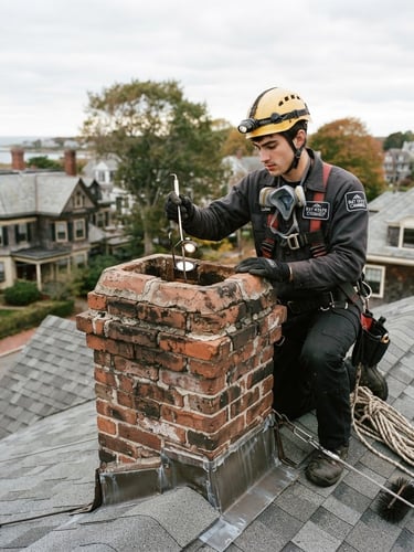 Clean-cut chimney sweep in uniform, inspecting a historic brick chimney on a New England home, natural overcast daylight, sharp focus, 35mm lens, tools visible, safety equipment.