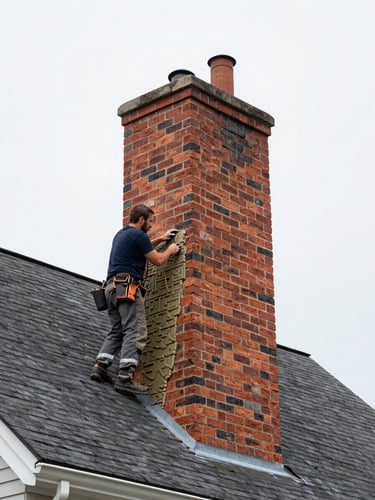 Wide shot of a skilled mason carefully applying mortar to a historic brick chimney on a New England home, natural overcast daylight, sharp focus, 35mm lens, editorial documentary photography, warm terracotta and deep charcoal tones.