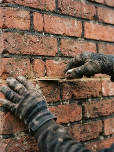 Close-up of a chimney sweep's gloved hands carefully tuckpointing historic red brick, natural overcast daylight, warm terracotta tones, sharp focus, 35mm lens, editorial documentary photography.