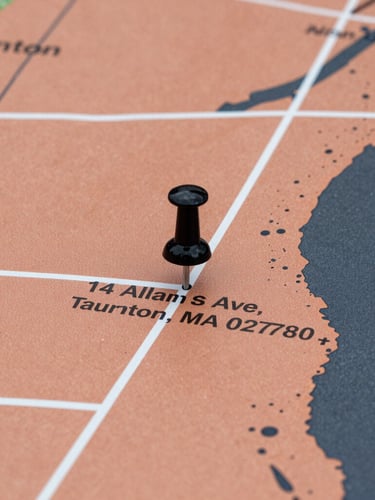 Map of Taunton, MA and surrounding Bristol County with a clear pin at 14 Allans Ave, Taunton, MA 02780, showing service area.