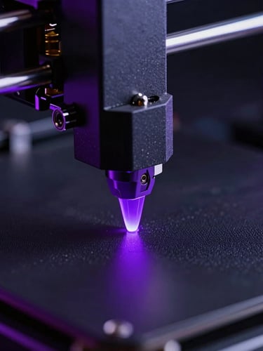 Extreme close-up of a high-precision 3D printer nozzle depositing glowing violet filament on a dark textured print bed under low-key dramatic neon lighting.