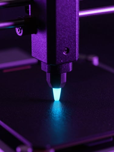 Dramatic low-key macro shot of a 3D printer nozzle depositing glowing cyan filament onto a dark textured bed, sharp neon violet ambient lighting, high contrast detail